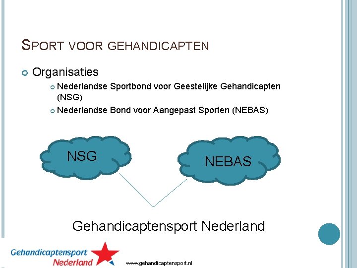 SPORT VOOR GEHANDICAPTEN Organisaties Nederlandse Sportbond voor Geestelijke Gehandicapten (NSG) Nederlandse Bond voor Aangepast