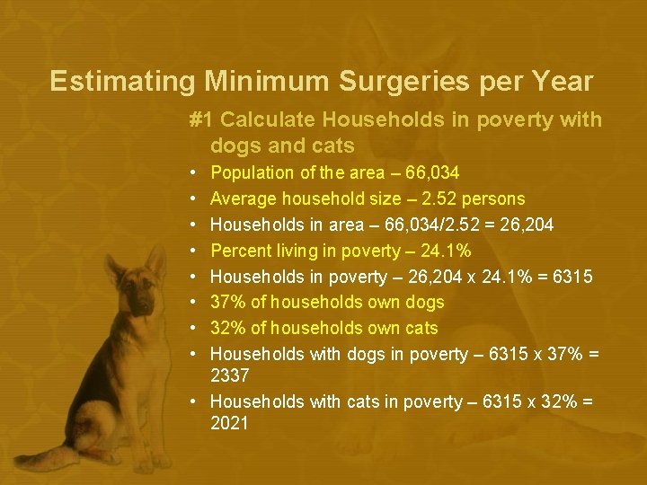 Estimating Minimum Surgeries per Year #1 Calculate Households in poverty with dogs and cats