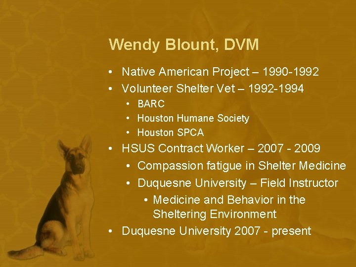 Wendy Blount, DVM • Native American Project – 1990 -1992 • Volunteer Shelter Vet