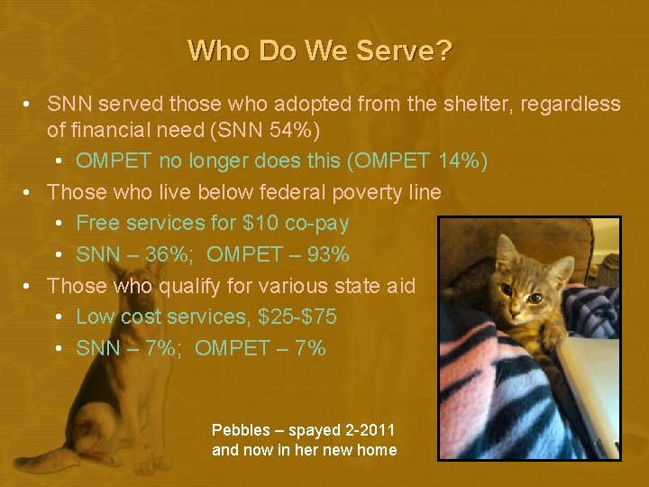 Who Do We Serve? • SNN served those who adopted from the shelter, regardless
