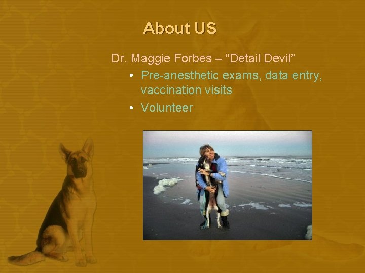 About US Dr. Maggie Forbes – “Detail Devil” • Pre-anesthetic exams, data entry, vaccination