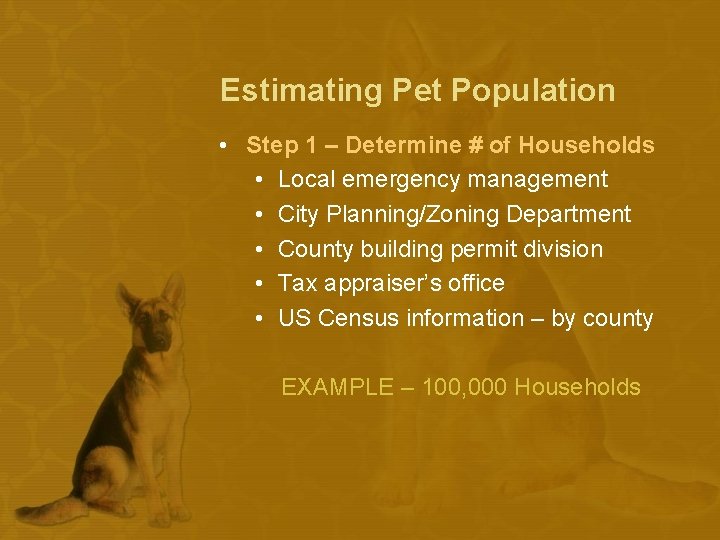 Estimating Pet Population • Step 1 – Determine # of Households • Local emergency