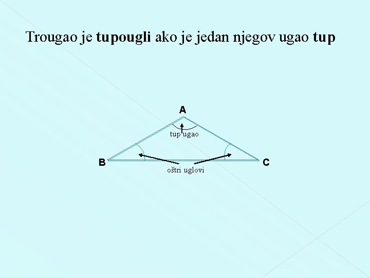 Trougao je tupougli ako je jedan njegov ugao tup A tup ugao B oštri