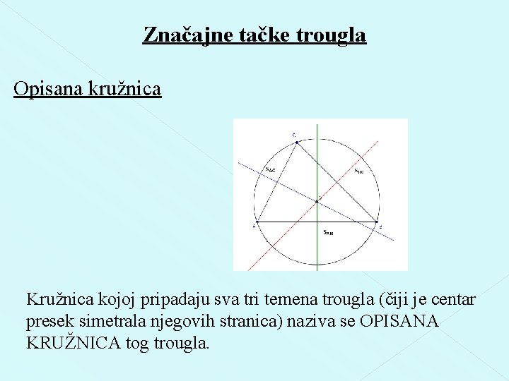 Značajne tačke trougla Opisana kružnica Kružnica kojoj pripadaju sva tri temena trougla (čiji je