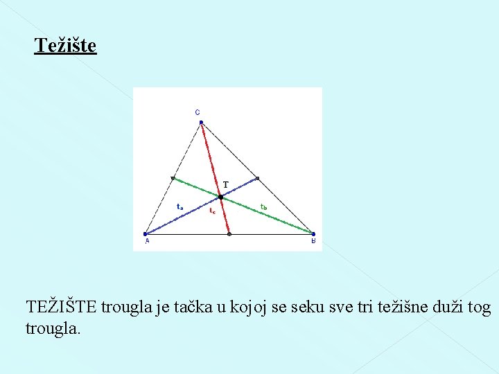 Težište TEŽIŠTE trougla je tačka u kojoj se seku sve tri težišne duži tog