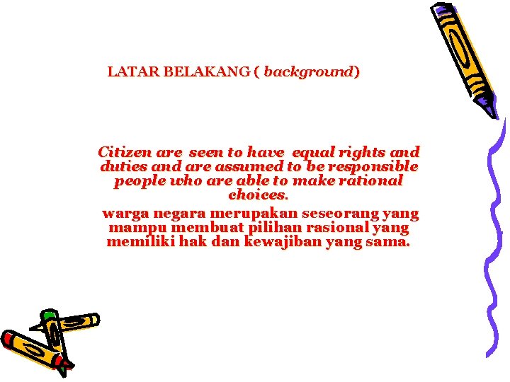 LATAR BELAKANG ( background) Citizen are seen to have equal rights and duties and