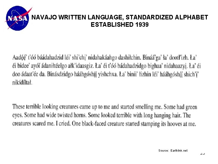 NAVAJO WRITTEN LANGUAGE, STANDARDIZED ALPHABET ESTABLISHED 1939 Source: Earthlink. net 23 