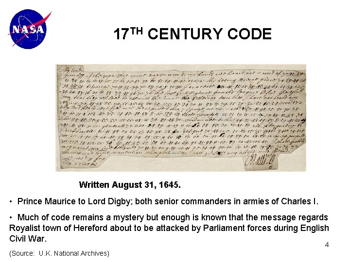 17 TH CENTURY CODE Written August 31, 1645. • Prince Maurice to Lord Digby;