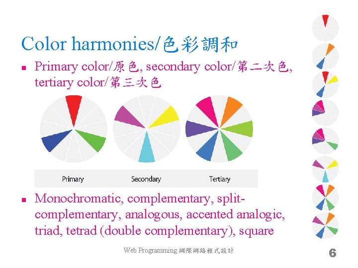 Color harmonies/色彩調和 n n Primary color/原色, secondary color/第二次色, tertiary color/第三次色 Monochromatic, complementary, splitcomplementary, analogous,