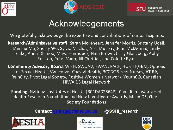 Acknowledgements We gratefully acknowledge the expertise and contributions of our participants. Research/Administrative staff: Sarah