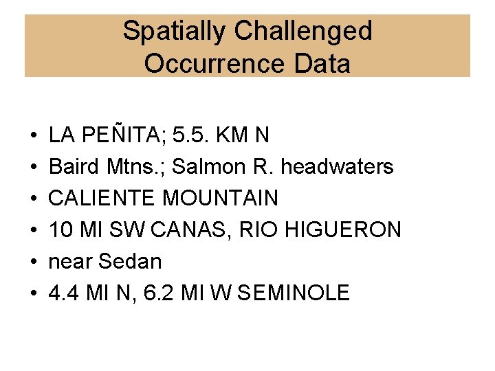 Spatially Challenged Occurrence Data • • • LA PEÑITA; 5. 5. KM N Baird