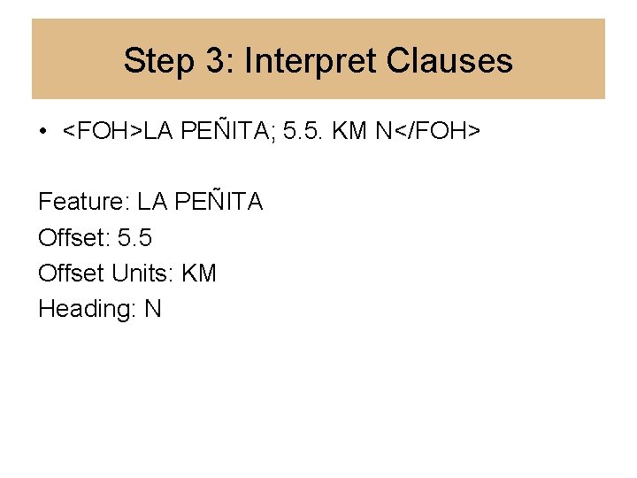 Step 3: Interpret Clauses • <FOH>LA PEÑITA; 5. 5. KM N</FOH> Feature: LA PEÑITA