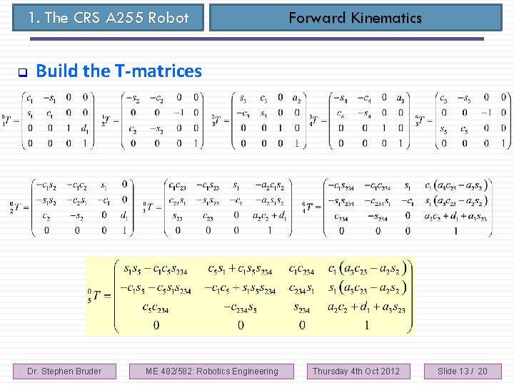 1. The CRS A 255 Robot q Forward Kinematics Build the T-matrices Dr. Stephen