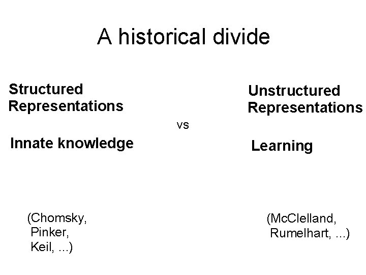 A historical divide Structured Representations Unstructured Representations vs Innate knowledge (Chomsky, Pinker, Keil, .