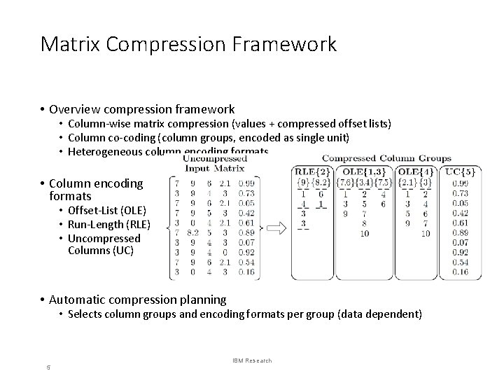Matrix Compression Framework • Overview compression framework • Column-wise matrix compression (values + compressed