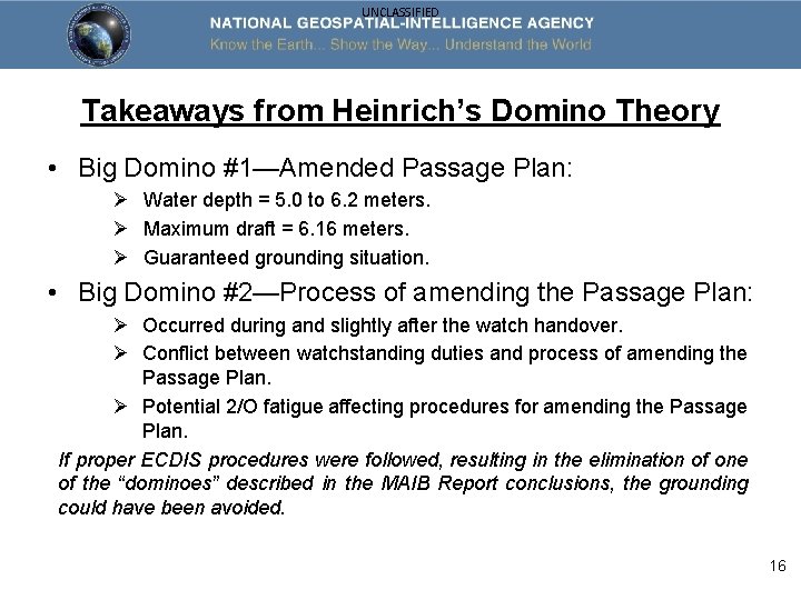 UNCLASSIFIED Takeaways from Heinrich’s Domino Theory • Big Domino #1—Amended Passage Plan: Ø Water
