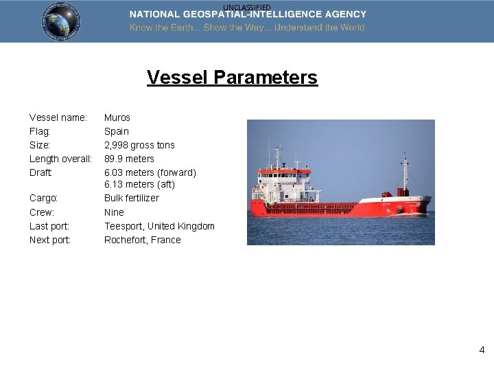 UNCLASSIFIED Vessel Parameters Vessel name: Flag: Size: Length overall: Draft: Cargo: Crew: Last port: