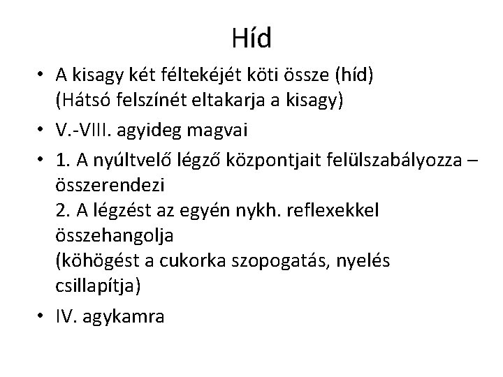 Híd • A kisagy két féltekéjét köti össze (híd) (Hátsó felszínét eltakarja a kisagy)