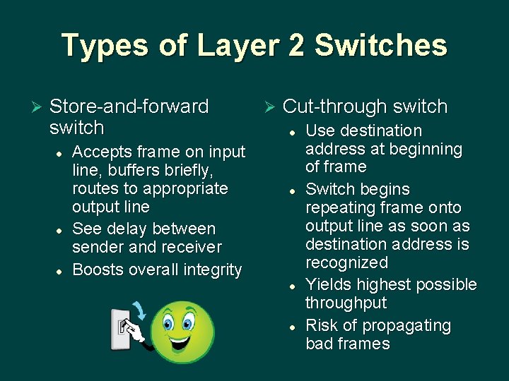 Types of Layer 2 Switches Ø Store-and-forward switch l l l Accepts frame on