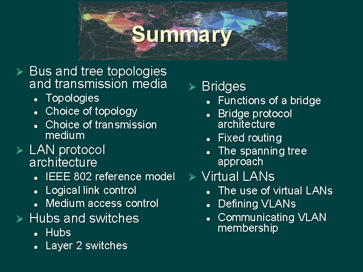 Summary Ø Bus and tree topologies and transmission media l l l Ø l