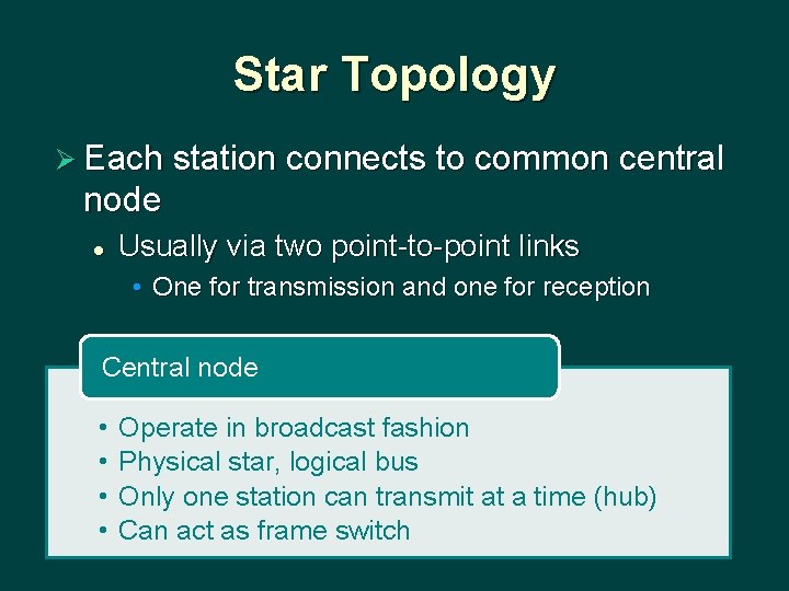 Star Topology Ø Each station connects to common central node l Usually via two