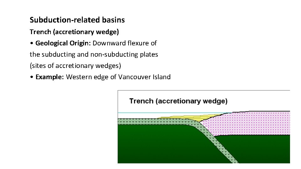 Subduction-related basins Trench (accretionary wedge) • Geological Origin: Downward flexure of the subducting and