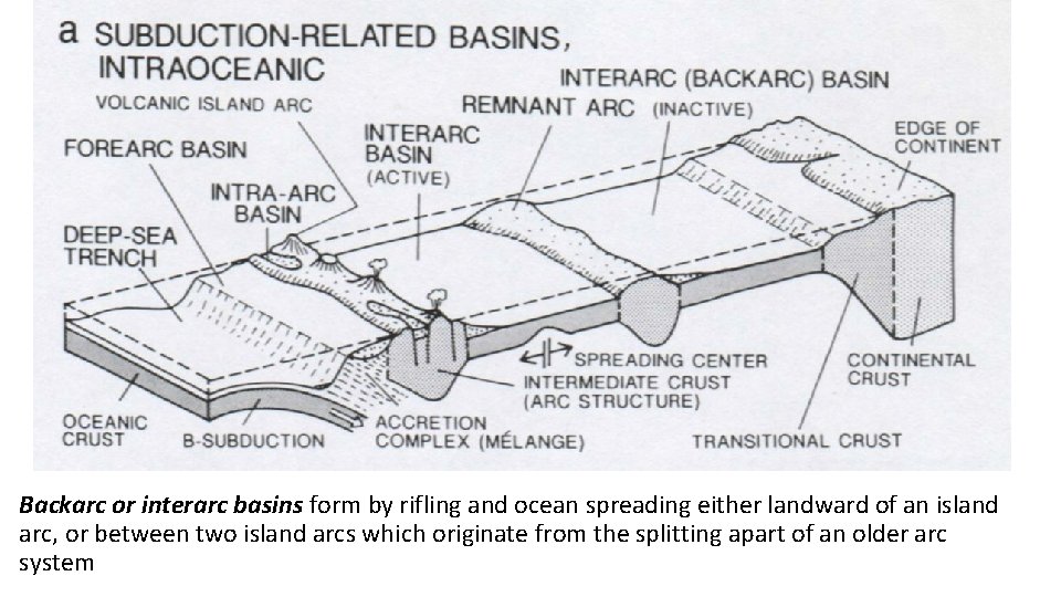 Backarc or interarc basins form by rifling and ocean spreading either landward of an