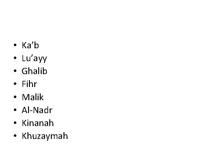  • • Ka’b Lu’ayy Ghalib Fihr Malik Al-Nadr Kinanah Khuzaymah 