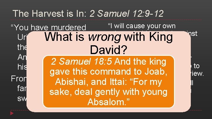 The Harvest is In: 2 Samuel 12: 9 -12 “I will cause your own