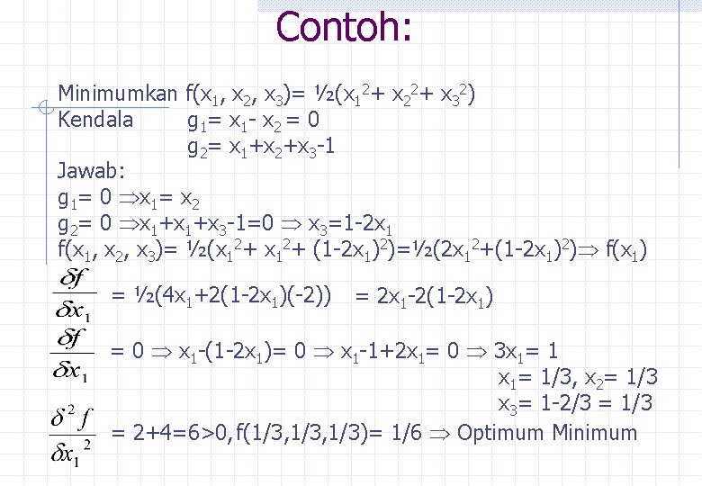 Contoh: Minimumkan f(x 1, x 2, x 3)= ½(x 12+ x 22+ x 32)