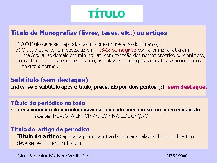 TÍTULO Título de Monografias (livros, teses, etc. ) ou artigos a) 0 O título