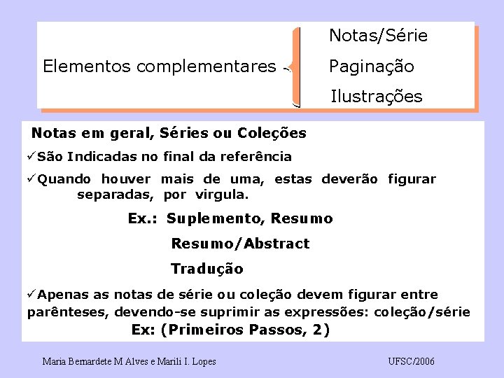 Notas/Série Elementos complementares Paginação Ilustrações Notas em geral, Séries ou Coleções üSão Indicadas no