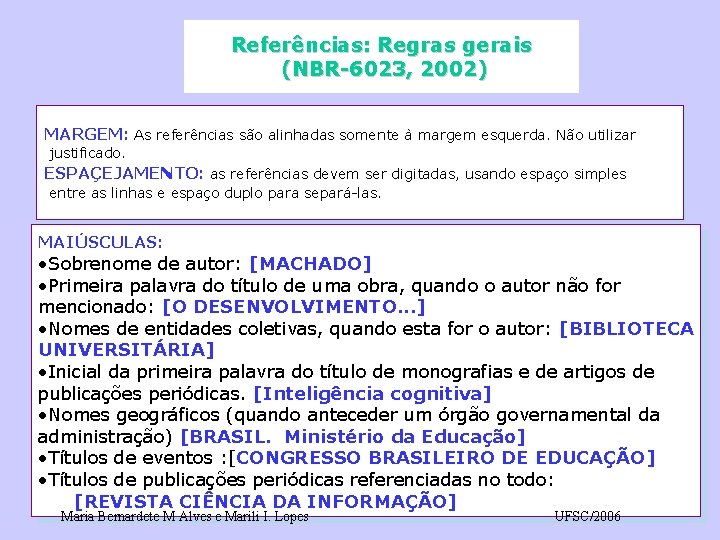 Referências: Regras gerais (NBR-6023, 2002) MARGEM: As referências são alinhadas somente à margem esquerda.