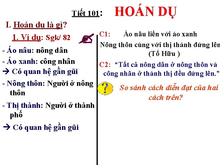 Tiết 101: I. Hoán dụ là gì? 1. Ví dụ: Sgk/ 82 HOÁN DỤ