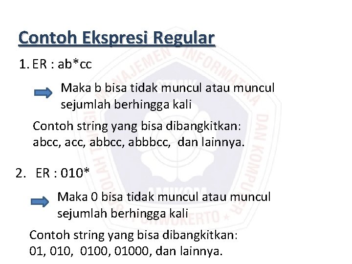 Contoh Ekspresi Regular 1. ER : ab*cc Maka b bisa tidak muncul atau muncul