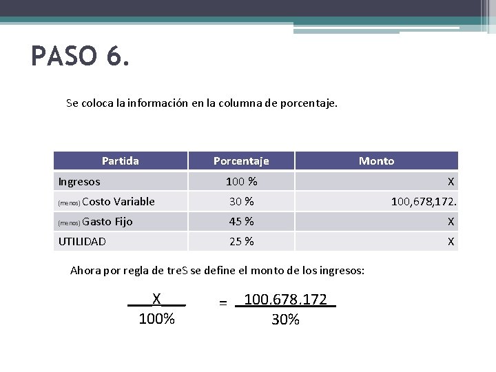 PASO 6. Se coloca la información en la columna de porcentaje. Partida Ingresos Porcentaje