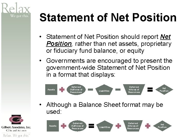 SM Statement of Net Position • Statement of Net Position should report Net Position,