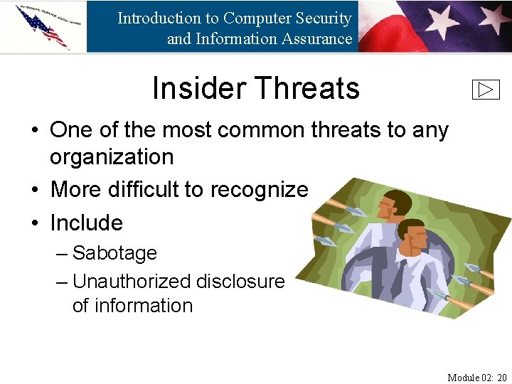 Introduction to Computer Security and Information Assurance Insider Threats • One of the most