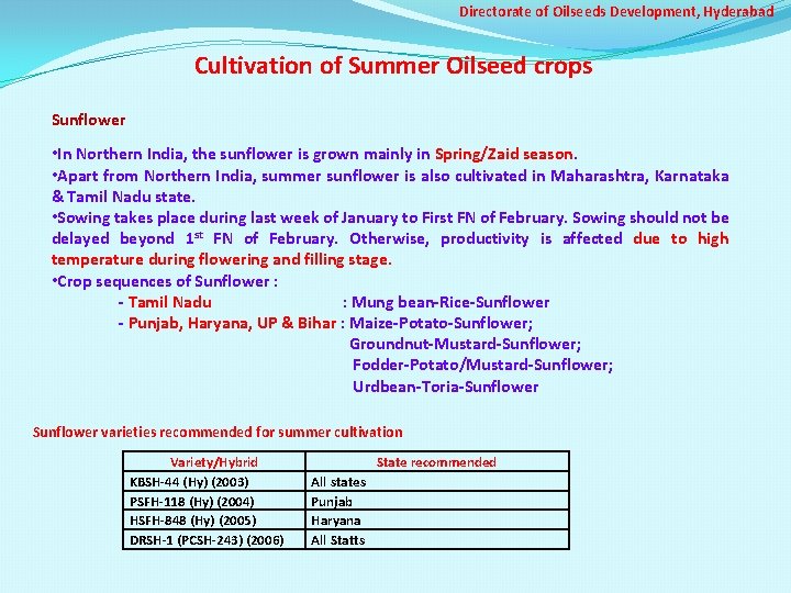 Directorate of Oilseeds Development, Hyderabad Cultivation of Summer Oilseed crops Sunflower • In Northern
