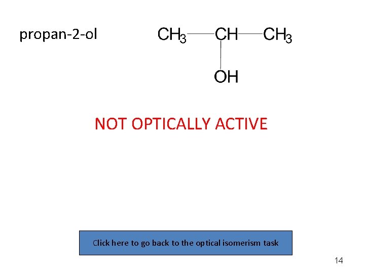 propan-2 -ol NOT OPTICALLY ACTIVE Click here to go back to the optical isomerism