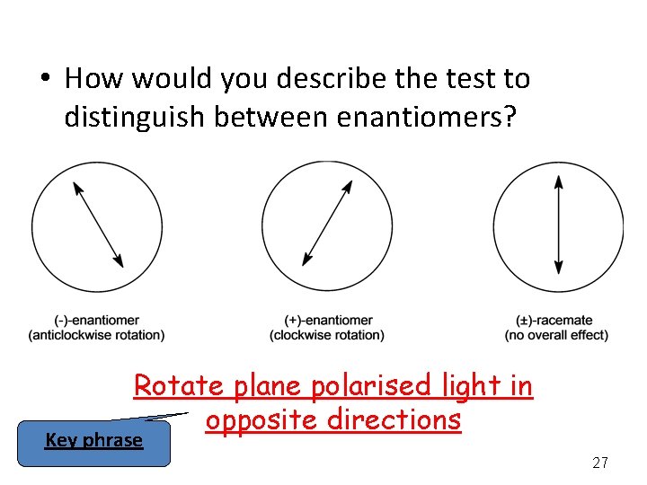  • How would you describe the test to distinguish between enantiomers? Rotate plane