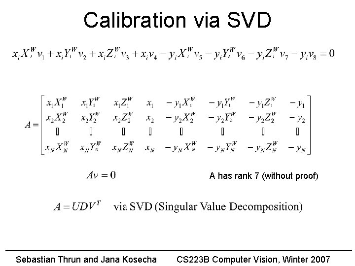 Calibration via SVD A has rank 7 (without proof) Sebastian Thrun and Jana Kosecha