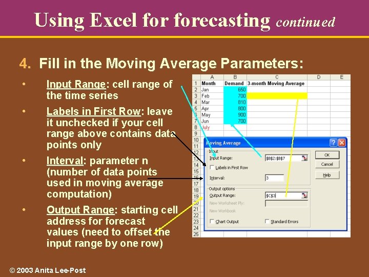 Using Excel forecasting continued 4. Fill in the Moving Average Parameters: • Input Range: