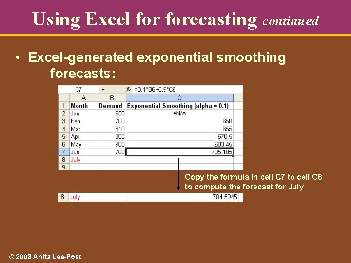 Using Excel forecasting continued • Excel-generated exponential smoothing forecasts: Copy the formula in cell