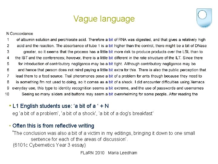 Vague language • L 1 English students use: ‘a bit of a ‘ +