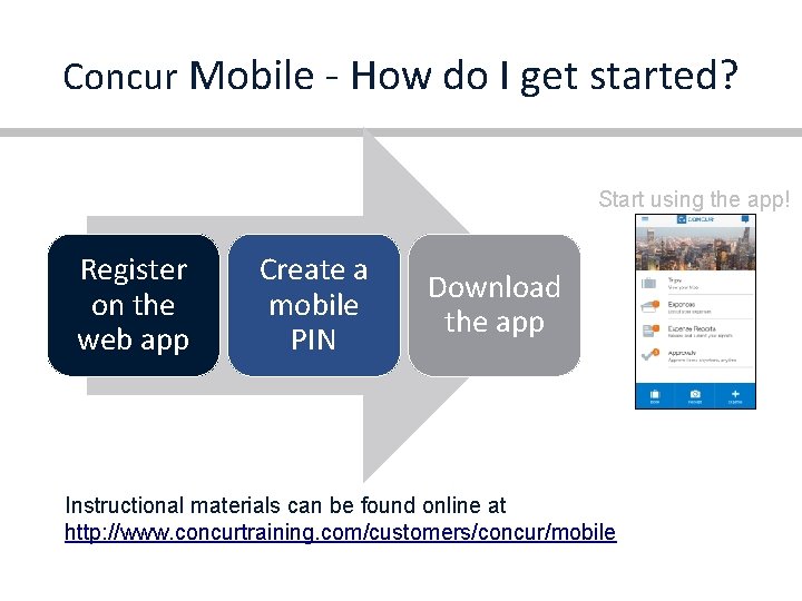 Concur Mobile - How do I get started? Start using the app! Register on