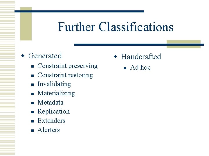 Further Classifications w Generated n n n n Constraint preserving Constraint restoring Invalidating Materializing