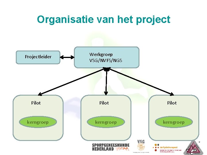 Organisatie van het project Projectleider Pilot kerngroep Werkgroep VSG/NVFS/NGS Pilot kerngroep Organisatie van het project Projectleider Pilot kerngroep Werkgroep VSG/NVFS/NGS Pilot kerngroep