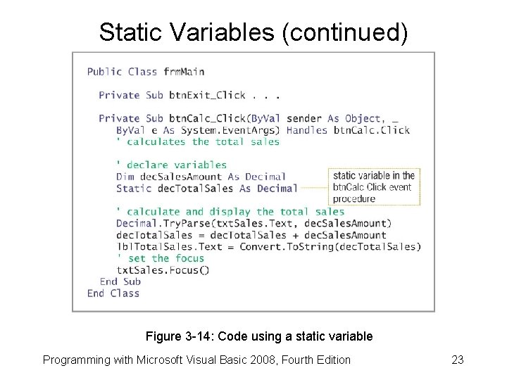 Static Variables (continued) Figure 3 -14: Code using a static variable Programming with Microsoft