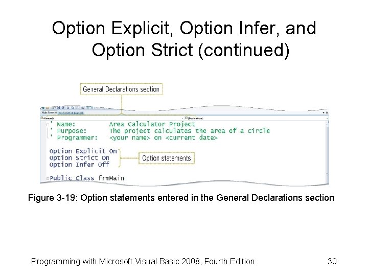 Option Explicit, Option Infer, and Option Strict (continued) Figure 3 -19: Option statements entered